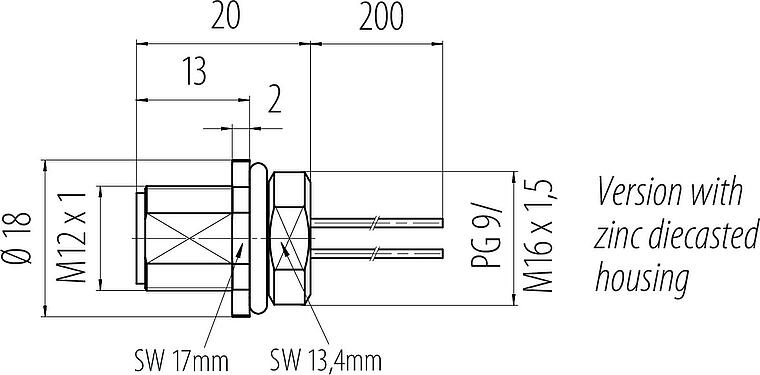 Scale drawing M12 Male panel mount connector, Contacts: 4, unshielded, single wires, IP68, UL 2238, PG 9, Front mounting