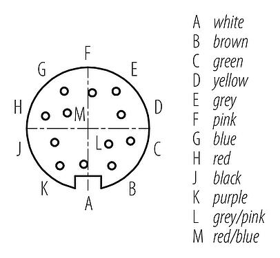 Disposition des contacts (Côté plug-in) M16 Connecteur femelle coudé, Contacts: 12, non blindé, surmoulé sur le câble, IP67, PUR, noir, 12 x 0,25 mm², 5 m