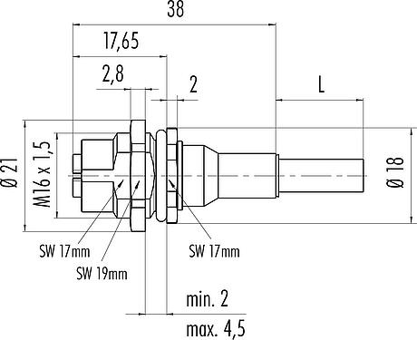 Schaaltekening M12 Female panel mount connector, aantal polen: 8, afgeschermd, met geconfectioneerd kabel, IP67, UL, M16x1,5, Ethernet, PUR, groen, 4 x 2 x AWG 26/7, Achterwandmontage, 0,5 m