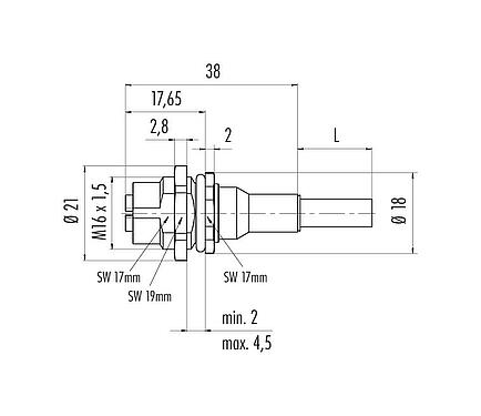 Maßzeichnung M12 Flanschdose, Polzahl: 8, geschirmt, mit Kabel konfektioniert, IP67, UL, M16x1,5, Ethernet, PUR, grün, 4 x 2 x AWG 26/7, Rückwandmontage, 0,5 m