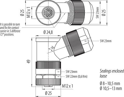 Schaaltekening M12 Female haakse connector, aantal polen: 4+PE, 8,0-13,0 mm, onafgeschermd, schroefklem, IP67, UL 2238