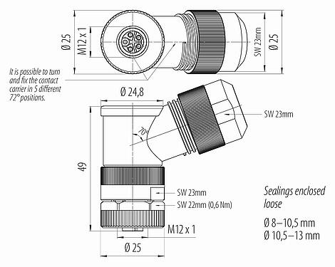 Dessin coté M12 Connecteur femelle coudé, Contacts: 4+PE, 8,0-13,0 mm, non blindé, pince à visser, IP67, UL 2238