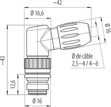 Dessin coté Snap-In Connecteur femelle coudé, Contacts: 3, 2,5-4,0 mm, non blindé, souder, IP67