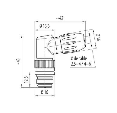 Dessin coté Snap-In Connecteur femelle coudé, Contacts: 8, 2,5-4,0 mm, non blindé, souder, IP67