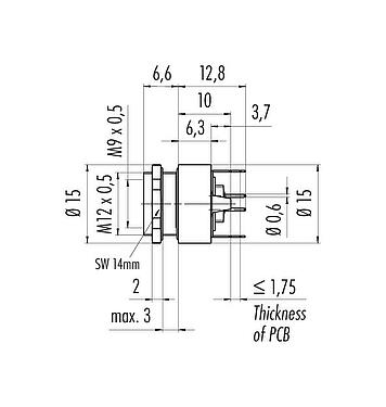 Scale drawing M9 Female panel mount connector, Contacts: 8, shieldable, THT, IP67, M12x0.5, Rear mounting