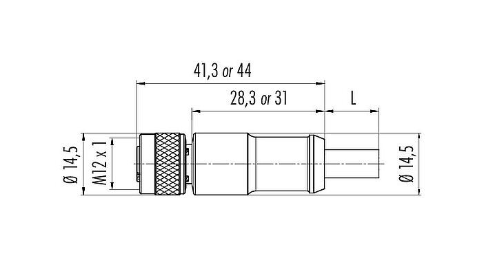 Disegno in scala M12 Connettore cavo femmina, Numero poli: 3, schermato, stampato sul cavo, IP67, UL 2238, PUR, nero, 3 x 0,34 mm², 2 m