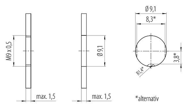 Montageanleitung / Montageausschnitt M9 Flanschstecker, Polzahl: 4, ungeschirmt, löten, IP40, M9x0,5, Rückwandmontage