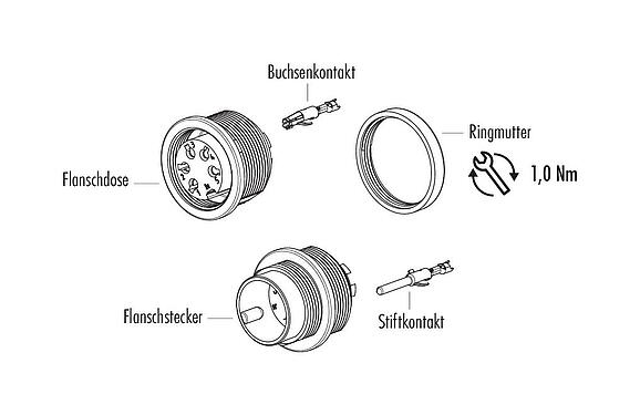 Einzelteildarstellung M16 Flanschdose, Polzahl: 4 (04-a), ungeschirmt, crimpen (Crimpkontakte müssen separat bestellt werden), IP40, M18x0,75, Frontmontage