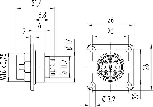 Scale drawing M16 Square male panel mount connector, Contacts: 7 (07-a), unshielded, crimping (Crimp contacts must be ordered separately), IP67, UL 2238, M3 (4x), Front mounting