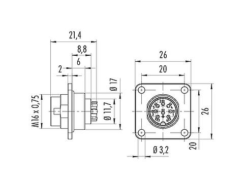 Maßzeichnung M16 Vierkant-Flanschstecker, Polzahl: 8 (08-a), ungeschirmt, crimpen (Crimpkontakte müssen separat bestellt werden), IP68, UL 2238, AISG konform, M3 (4x), Frontmontage