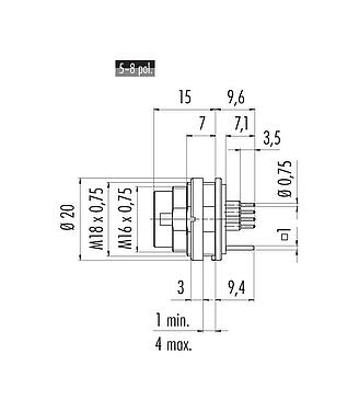Scale drawing M16 Male panel mount connector, Contacts: 5 (05-a), shieldable, THT, IP40, M18x0,75, Rear mounting