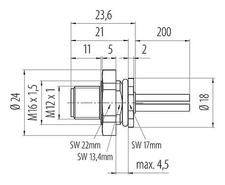 Dessin coté M12 Embase mâle, Contacts: 4, non blindé, fils, IP68, UL 2238, M16x1,5, Montage mural arrière, coulé