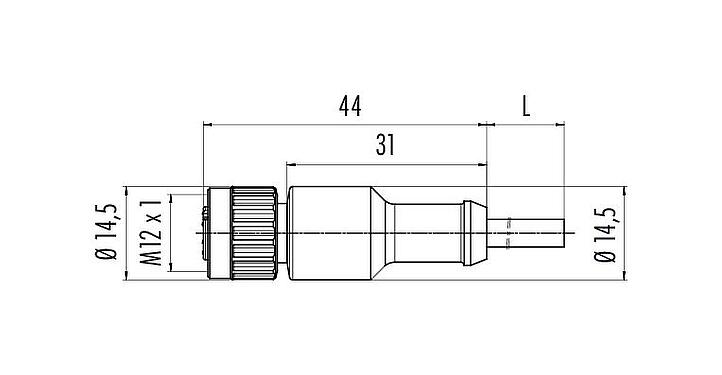 Disegno in scala M12 Connettore cavo femmina, Numero poli: 4, non schermato, stampato sul cavo, IP68/IP69K, UL 2238, PUR, nero, 4 x 0,34 mm², 2 m