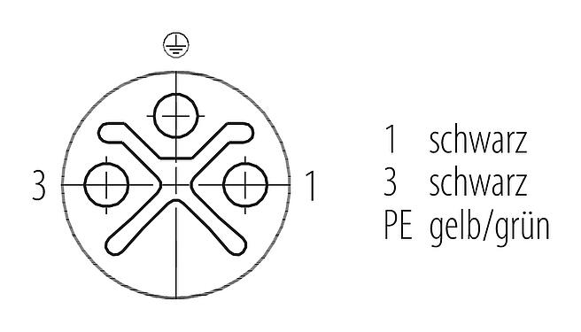 Polbild (Steckseite) M12 Verbindungsleitung Kabelstecker - Kabeldose, Polzahl: 2+PE, ungeschirmt, am Kabel angespritzt, IP68, UL 2238, PUR, schwarz, 3 x 1,50 mm², 2 m