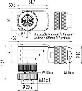 Scale drawing M12 Female angled connector, Contacts: 5, 6.0-8.0 mm, shieldable, wire clamp, IP67, with shielding ring