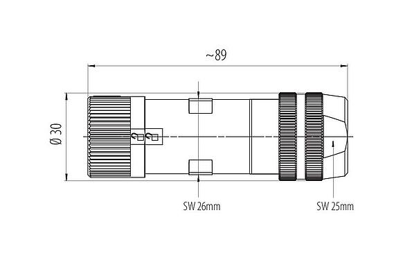 Dibujo a escala Bayoneta Conector de cable hembra, Número de contactos: 6 (3+PE+2), 7,0-14,0 mm, sin blindaje, tornillo extraíble, IP67 enchufado y bloqueado, UL 2237