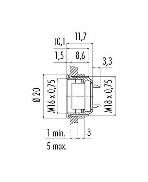 Maßzeichnung M16 Flanschdose, Polzahl: 16, ungeschirmt, löten, IP67, UL 2238, M18x0,75, Frontmontage