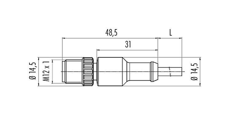 Disegno in scala M12 Connettore cavo maschio, Numero poli: 3, non schermato, stampato sul cavo, IP68/IP69K, UL 2238, PUR, nero, 3 x 0,34 mm², 2 m