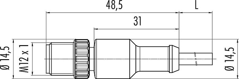縮尺図 M12 オスコネクタケーブル, 極数: 5, 非シールド, モールドケーブル付き, IP68/IP69K, UL 2238, PUR, 黒, 5x0.34mm², 2m