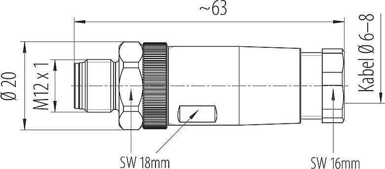 比例图 M12 直头针头电缆连接器, 极数: 4, 8.0-10.0mm, 非屏蔽, 螺钉接线, IP67, 不锈钢