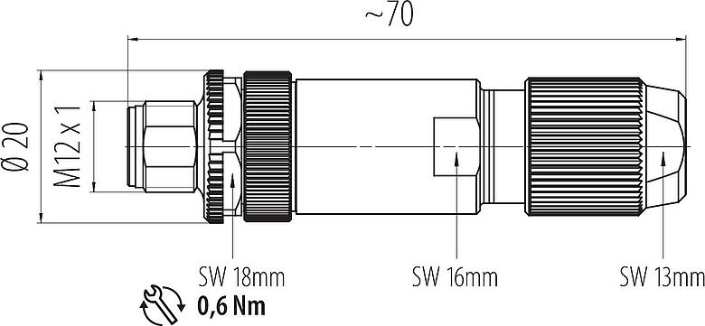 縮尺図 M12 オスコネクタケーブル, 極数: 4, 5.0-8.0mm, シールド可能, ねじ圧着, IP67, UL 2238, アイリスフェーダー