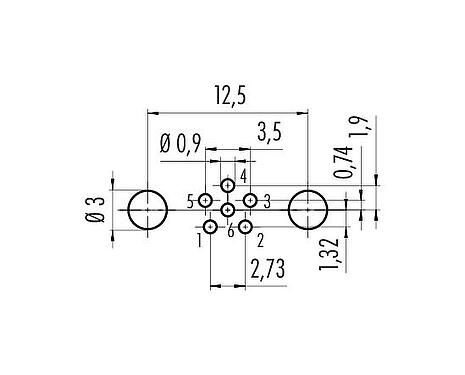 Conductor layout M8 Male panel mount connector, Contacts: 6, shieldable, THT, IP67, UL 2238, M8x1.0, Rear mounting