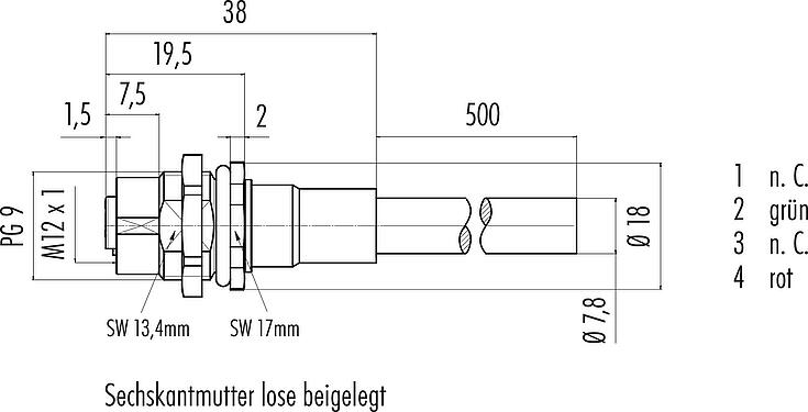 Maßzeichnung M12 Flanschdose, Polzahl: 2, geschirmt, mit Kabel konfektioniert, IP68, PG 9, Profibus, PUR, violett, 1 x 2 x 0,25 mm², Rückwandmontage, 0,5 m