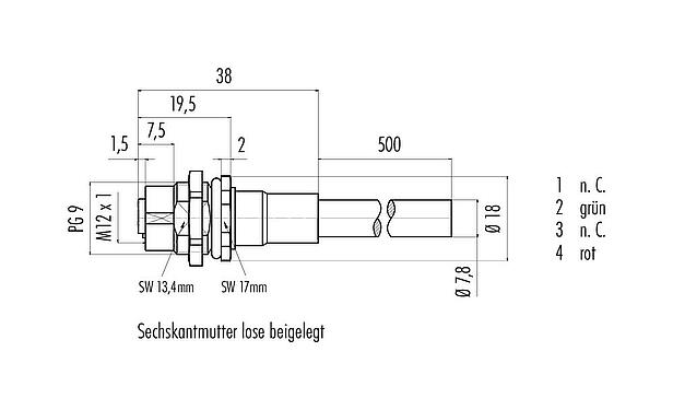 Maßzeichnung M12 Flanschdose, Polzahl: 2, geschirmt, mit Kabel konfektioniert, IP68, PG 9, Profibus, PUR, violett, 1 x 2 x 0,25 mm², Rückwandmontage, 0,5 m