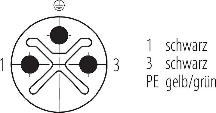 Polbild (Steckseite) M12 Verbindungsleitung Kabelstecker - Kabeldose, Polzahl: 2+PE, ungeschirmt, am Kabel angespritzt, IP68, UL 2238, PUR, schwarz, 3 x 1,50 mm², 2 m