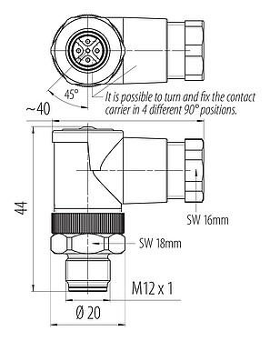 比例图 M12 弯角针头电缆连接器, 极数: 5, 6.0-8.0mm, 非屏蔽, 螺钉接线, IP67, UL 2238