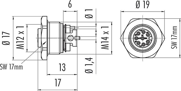 Dessin coté M12 Embase femelle, Contacts: 8, blindable, SMT, IP67, M14x1,0, Montage frontal