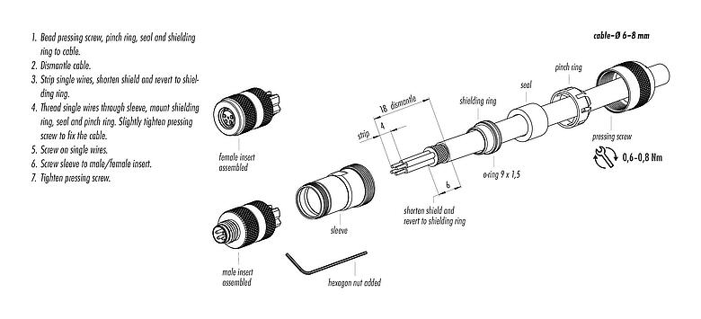 Assembly instructions M8 Male cable connector, Contacts: 4, 6.0-8.0 mm, shieldable, screw clamp, IP67, UL 2238, with shielding ring