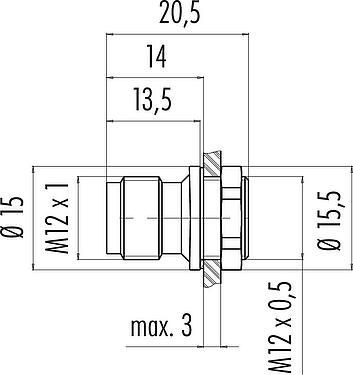 Scale drawing M12 Male panel mount connector, Contacts: 4, unshielded, solder, IP67, M12x0.5, Front mounting