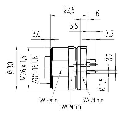 Schaaltekening 7/8" Female panel mount connector, aantal polen: 2+PE, onafgeschermd, THT, IP68, UL 2238, VDE, Achterwandmontage, gegoten