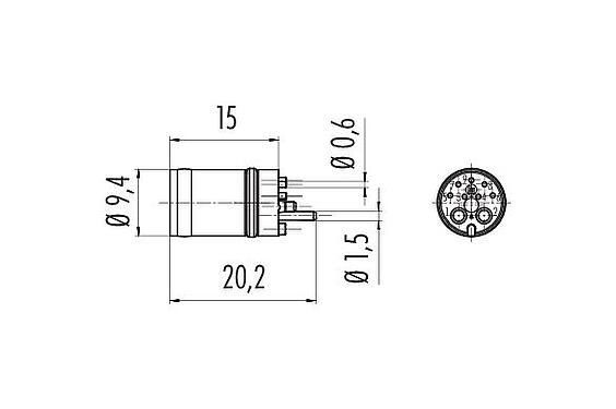 Maßzeichnung M12 Einbaustecker, Polzahl: 2+7, löten, IP67 gesteckt und verriegelt, Frontmontage