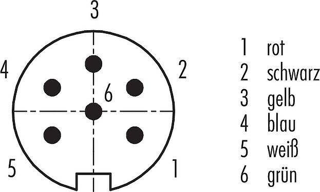 Polbild (Steckseite) M16 Kabelstecker, Polzahl: 6 (06-a), geschirmt, am Kabel angespritzt, IP67, PUR, schwarz, 6 x 0,25 mm², 2 m