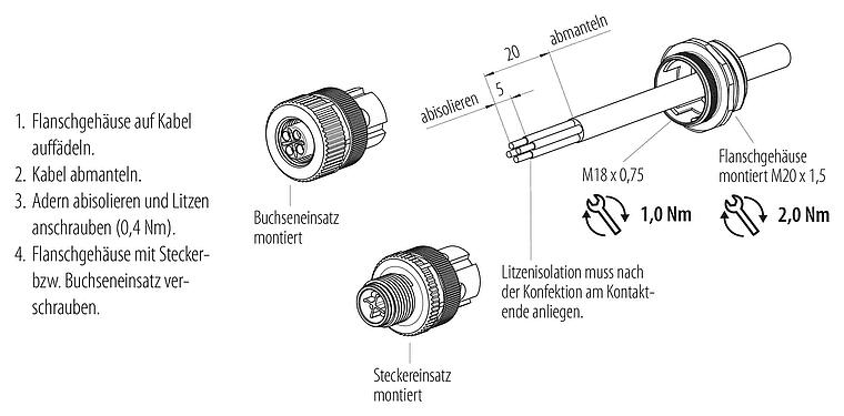 Montageanleitung M12 Flanschdose, Polzahl: 3+PE, ungeschirmt, schraubklemm, IP68, UL 2238, VDE, M20x1,5, Frontmontage
