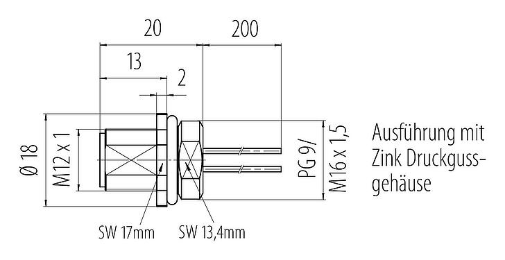 Maßzeichnung M12 Flanschstecker, Polzahl: 5, ungeschirmt, Litzen, IP68, UL 2238, PG 9, Frontmontage