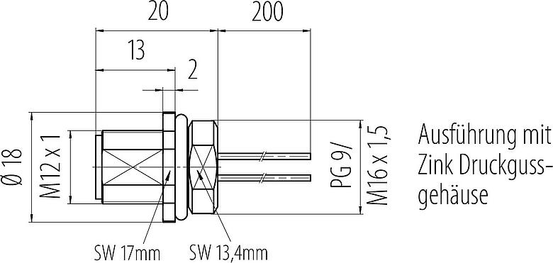 Maßzeichnung M12 Flanschstecker, Polzahl: 5, ungeschirmt, Litzen, IP68, UL 2238, M16x1,5, Frontmontage