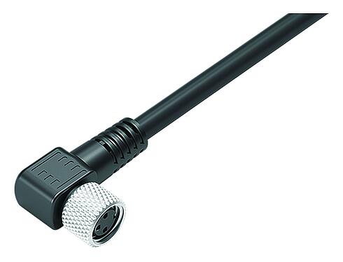 Ábrák M8 derékszögű aljzat, : 3, árnyékolt, kábelre öntött, IP67, PUR, fekete, 3 x 0,34 mm², 5 m