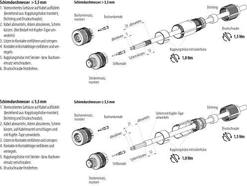 Montageanleitung M12 Kabeldose, Polzahl: 4, 5,0-8,0 mm, schirmbar, crimpen (Crimpkontakte müssen separat bestellt werden), IP67, UL 2238