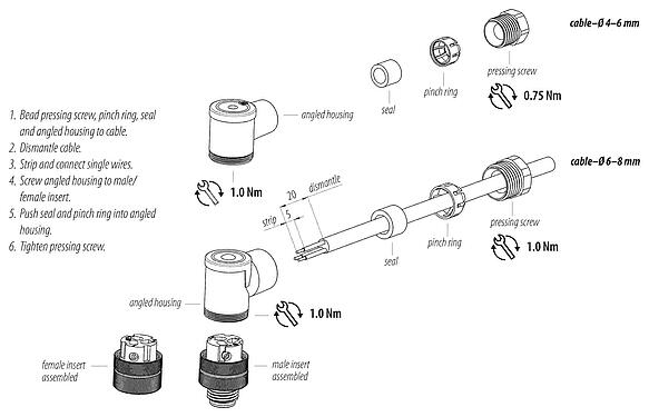 装配说明 M12 弯角针头电缆连接器, 极数: 2+PE, 4.0-6.0mm, 非屏蔽, 螺钉接线, IP67, UL