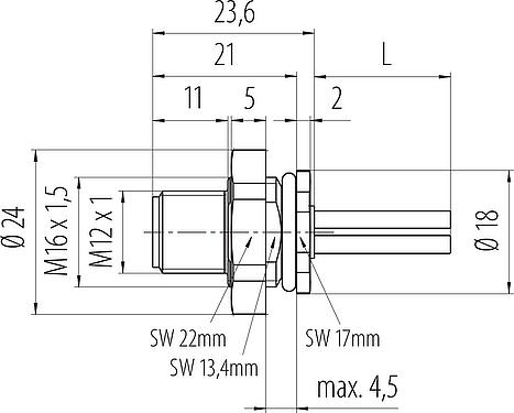 Schaaltekening M12 Male panel mount connector, aantal polen: 4, onafgeschermd, draden, IP68, UL 2238, M16x1,5, Achterwandmontage