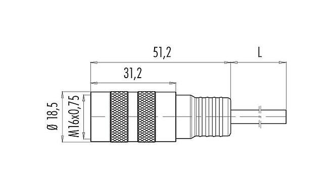Maßzeichnung M16 Kabeldose, Polzahl: 8 (08-a), geschirmt, am Kabel angespritzt, IP67, PUR, schwarz, 8 x 0,25 mm², 2 m