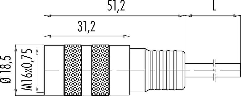 스케일 드로잉 M16 케이블 소켓, 콘택트 렌즈: 6 (06-a), 쉴드, 케이블에 몰딩, IP67, PUR, 검정, 6x0.25mm², 2m