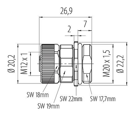 Maßzeichnung M12 Flanschdose, Polzahl: 4, ungeschirmt, schraubklemm, IP68, UL 2238, VDE, M20x1,5, Frontmontage