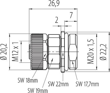 Dessin coté M12 Embase femelle, Contacts: 4, non blindé, pince à visser, IP68, UL 2238, VDE, M20x1,5, Montage frontal