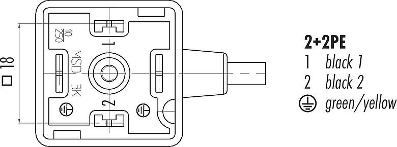 Disposition des contacts (Côté plug-in) Douille d'électrovanne, Contacts: 2+2PE, non blindé, surmoulé sur le câble, IP67, PUR, noir, Circuit Z10, avec LED, PNP, 5 m