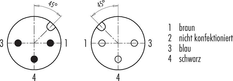 Polbild (Steckseite) M12 Verbindungsleitung Kabelstecker - Kabeldose, Polzahl: 3, ungeschirmt, am Kabel angespritzt, IP67/IP69K, UL 2238, PUR, schwarz, 3 x 0,34 mm², 5 m