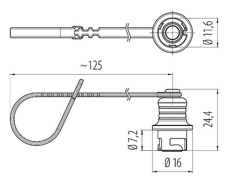 Maßzeichnung Schutzkappe, IP67 gesteckt und verriegelt, mit Halteband